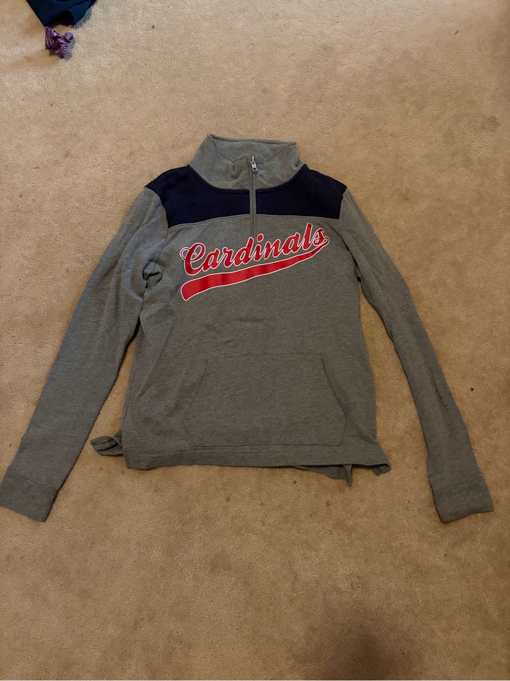 PINK Victoria's Secret Gray Pullover with Navy Yoke and Red Script